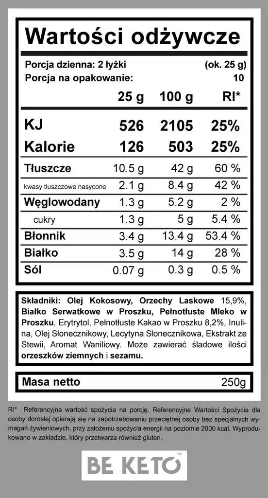 Keto Krem z Olejem MCT BeKeto - Różne Smaki 250 g (Smak: maslo-orzechowe)