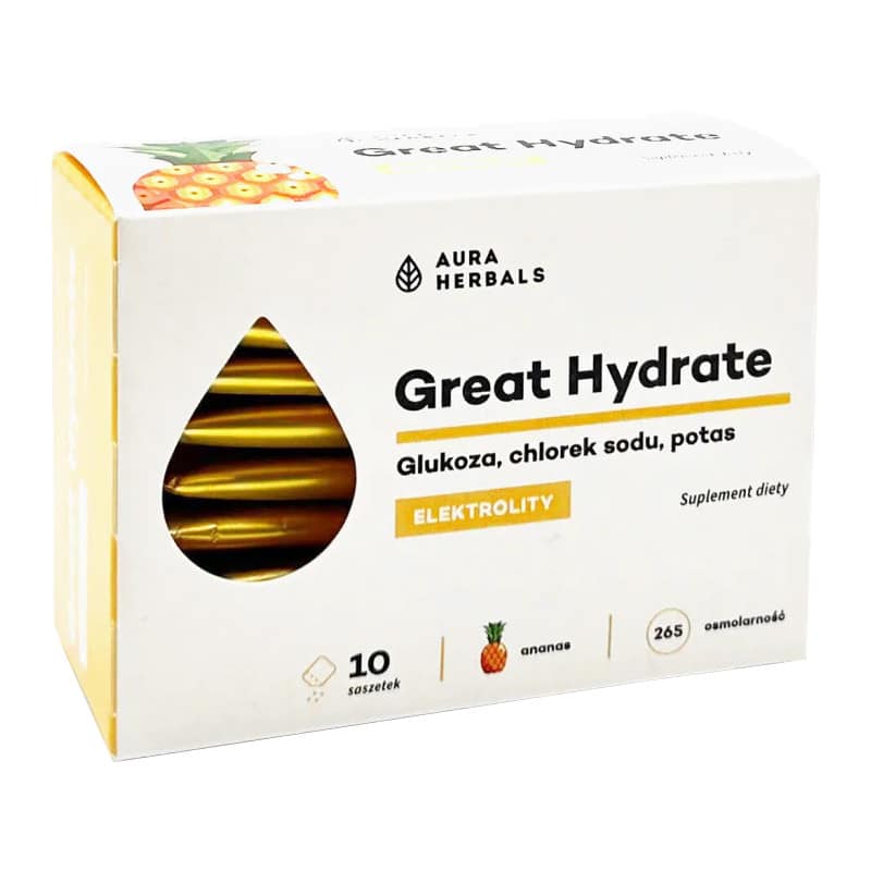 Elektrolity Great Hydrate Aura Herbals - Wsparcie w nawodnieniu i regeneracji - 10 saszetek (Smak: ananas)