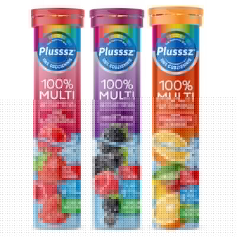 Plusssz MULTIWITAMINA 100% Polski Lek Z sokiem owocowym 3 smaki - 20 tabletek musujących (Smak: malina-truskawka)