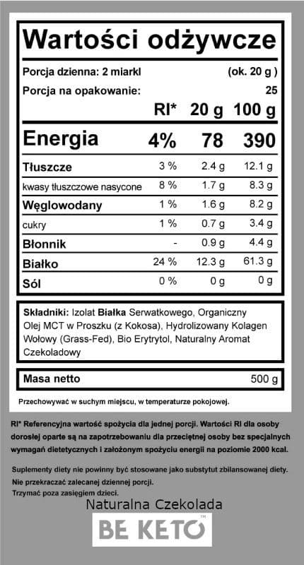 Keto Shake Wzbogacony Olejem MCT oraz Izolatem Białka BeKeto - Różne Smaki 500 g (Smak: naturalna-czekolada)