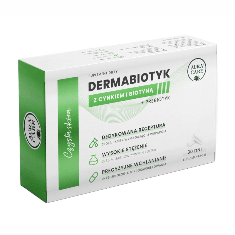 Czysta skóra Aura Care - Dermabiotyk z cynkiem i biotyną + prebiotyk - 30 kapsułek