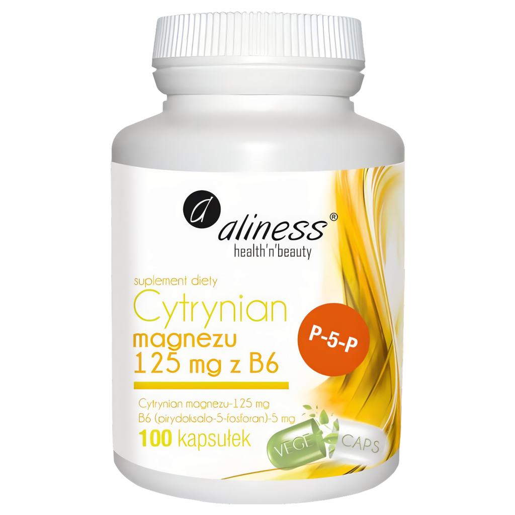 Cytrynian Magnezu 125 mg z Witaminą B6 (pirydoksalo-5-fosforan)-5 mg Aliness - 100 kapsułek