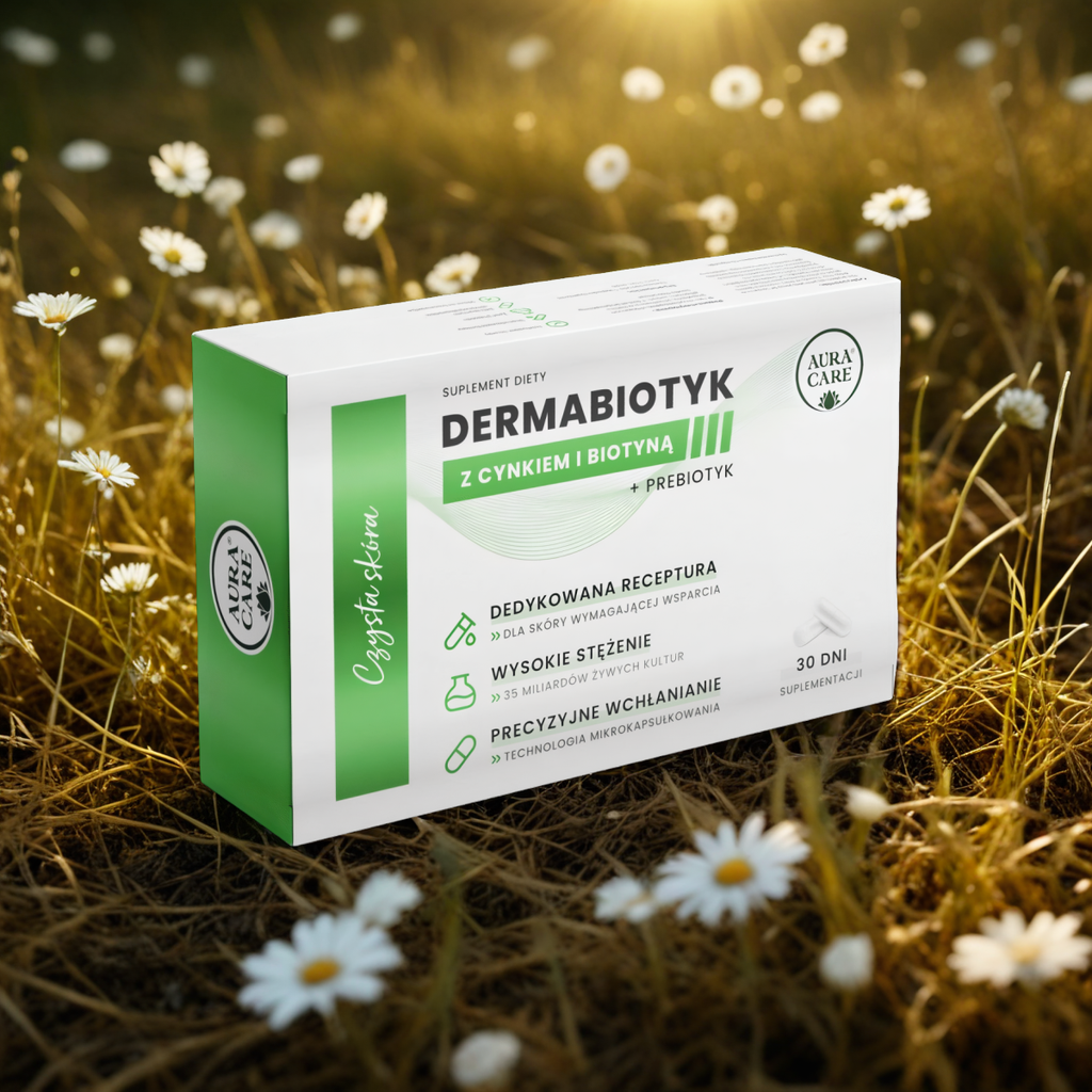 Czysta skóra Aura Care - Dermabiotyk z cynkiem i biotyną + prebiotyk - 30 kapsułek