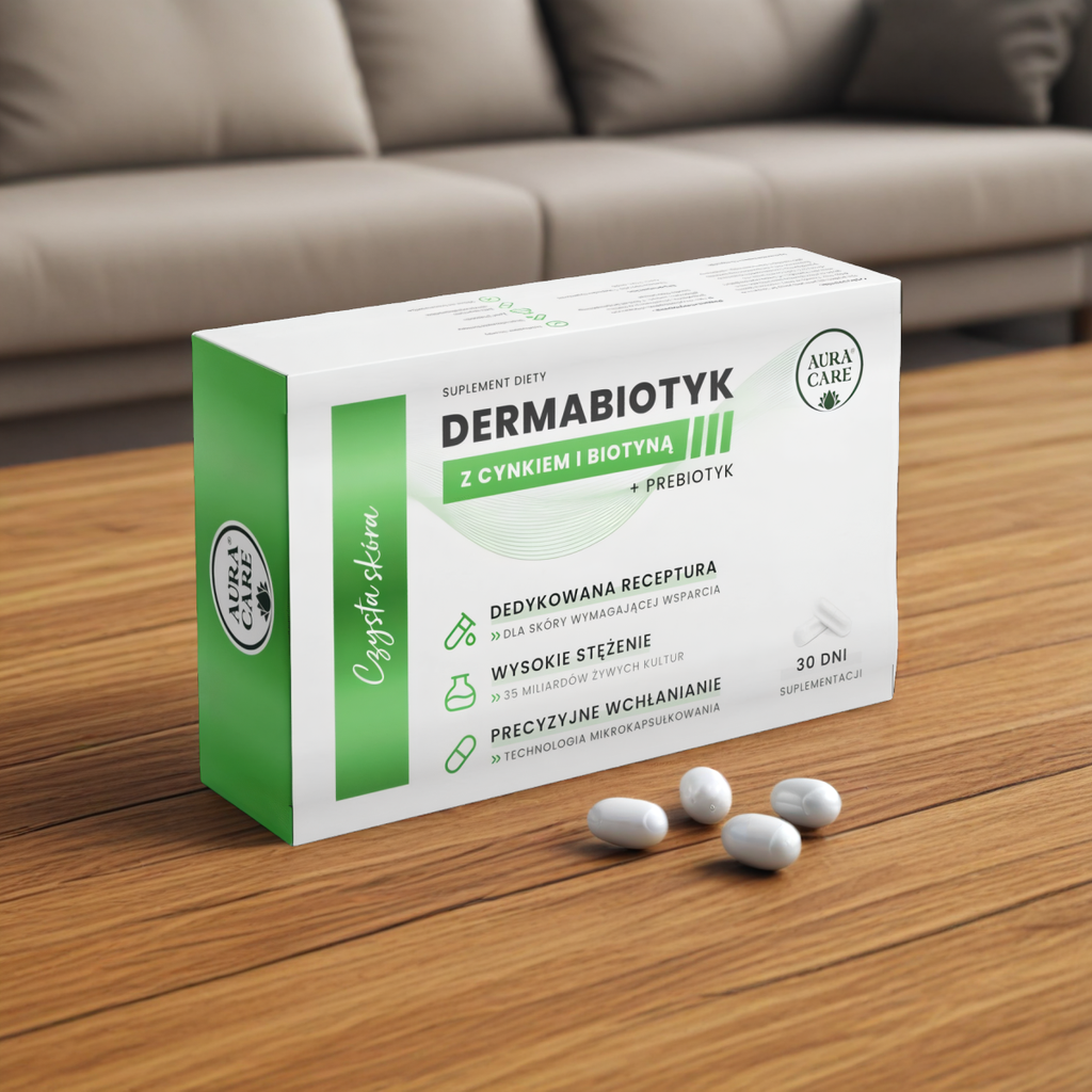 Czysta skóra Aura Care - Dermabiotyk z cynkiem i biotyną + prebiotyk - 30 kapsułek