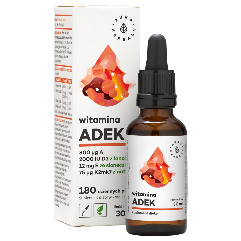 Witamina ADEK, A + D3 2000 IU + E + K2 Aura Herbals - Kompleks witamin - 30 ml krople